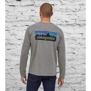 Patagonia Men's Small Long Sleeve T-Shirt Crewneck Grey Back Logo Graphic |
